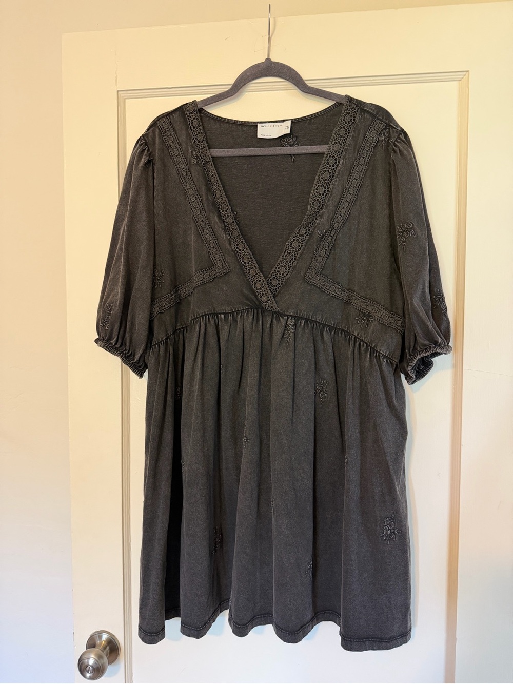 Women's Washed Black Embroidered V-Neck Babydoll Dress